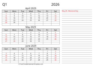 Quarter 2 2029 Landscape with Holiday & Notes