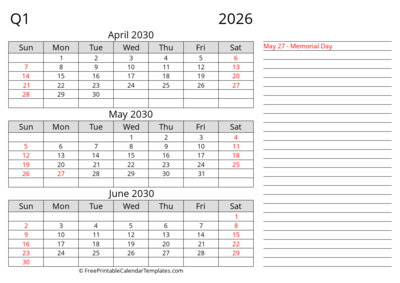 Quarter 2 2030 Landscape with Holiday & Notes