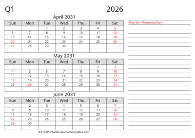 Quarter 2 2031 Landscape with Holiday & Notes