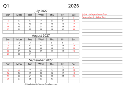 Quarter 3 2027 Landscape with Holiday & Notes