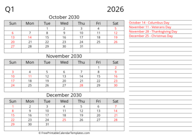 Quarter 4 2030 Landscape with Holiday & Notes